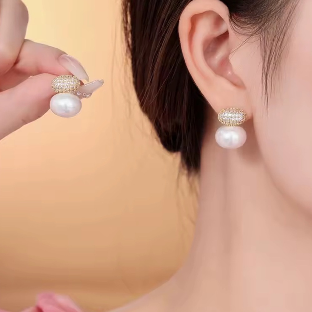 Elegant Golden Pavé Pearl Stud Earrings